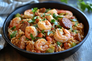 Fototapeta premium Warm and spicy Cajun jambalaya with shrimp, sausage, and rice served in a rustic cast iron skillet from a vibrant New Orleans kitchen