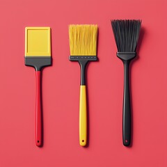 Set of three paintbrushes with different shapes and bristle types including a flat, angled, and round brush, displayed on pink background for art and painting projects