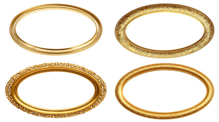 four golden oval picture frames with different designs isolated, transparent background.