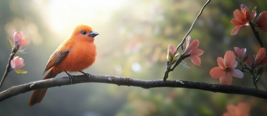 Vibrant orange bird perched on branch surrounded by delicate pink flowers