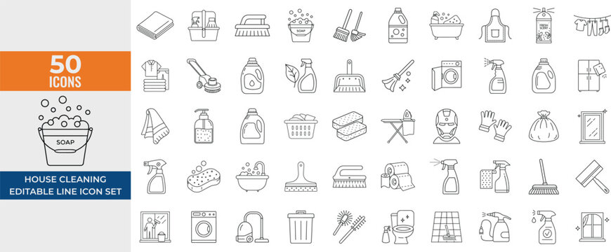 House Cleaning Line Icon Set – Washing, Vacuum, Detergent, Cleaning Tools, Appliances – Editable Stroke Vector illustration