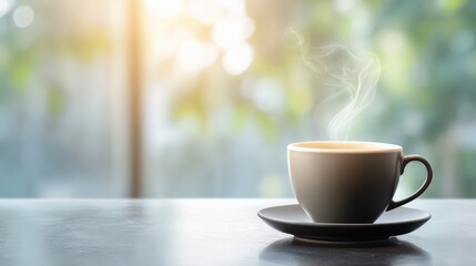 Obraz premium A steaming cup of coffee sits on a table with a blurred, sunlit window view in the background.