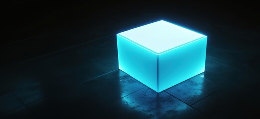 Glowing blue cube illuminated in dark environment with reflective surface
