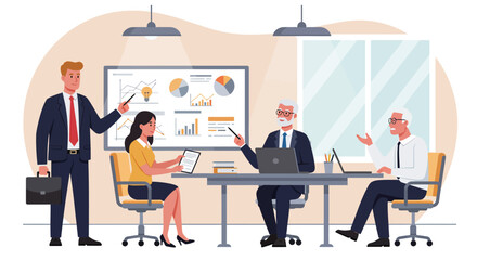 Business team analyzing data charts during a presentation in a modern office