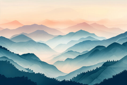 mountains, silhouette, pastel, minimalist, mist, landscape, japanese, gradient, sumi-e, nature