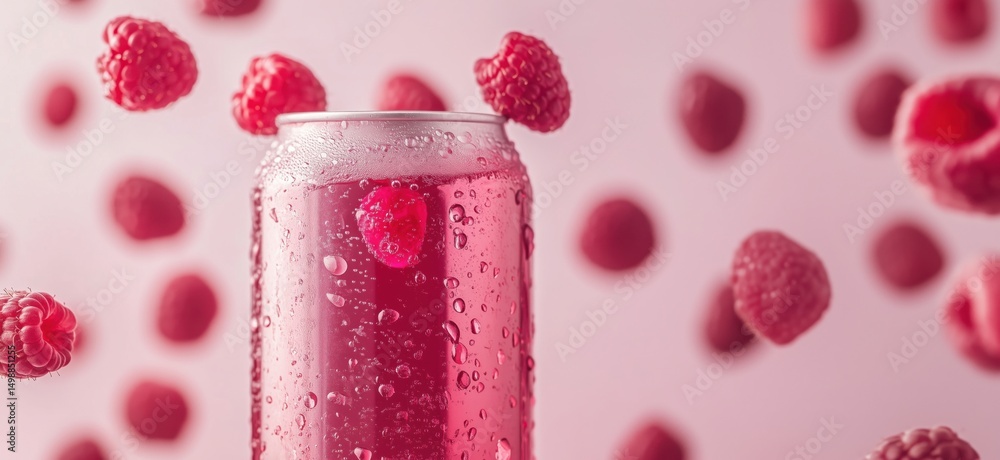Poster raspberry soda can surrounded by floating raspberries and bubbles in pink background