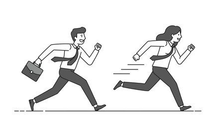 Businessman and Businesswoman Running Competitively