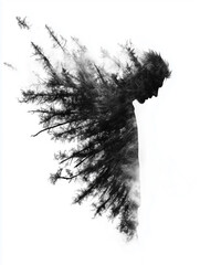 A grayscale artistic interpretation of a human form dissolving into nature, branches sprouting from the figure, symbolizing transformation and the cycle of life. 