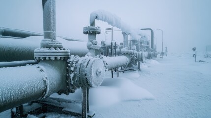 Frozen Infrastructure: A captivating view of industrial pipelines and infrastructure heavily coated with snow and ice, the harsh elements emphasizing the cold, a scene of arctic engineering.