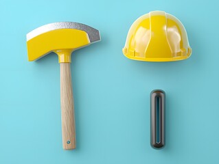 Bright yellow construction helmet, hammer, and flashlight on blue background, safety gear and tools for building, construction, and renovation projects