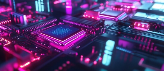 Fototapeta premium Futuristic circuit board with glowing microchips and vibrant neon lights