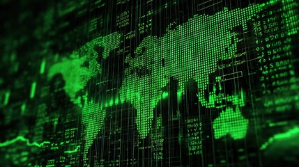 Green Digital World Map with Financial Data Background