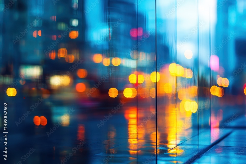 Poster blurred architectural reflections and vibrant bokeh lights create an enchanting atmosphere in a bust