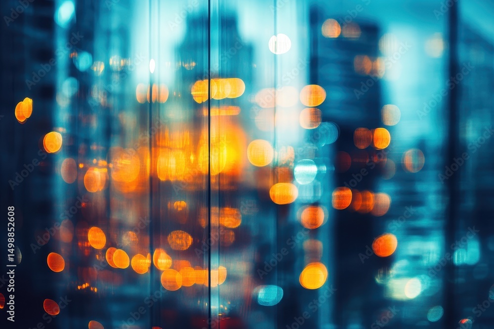 Poster blurry urban bokeh effect with warm lights highlighting architectural features during evening in a v