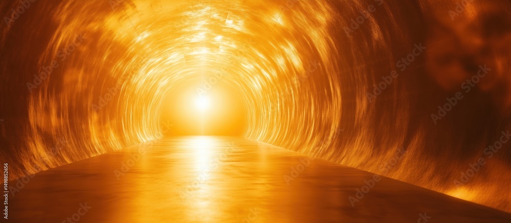 Poster illuminated tunnel with warm golden light at the end creating a mystical atmosphere