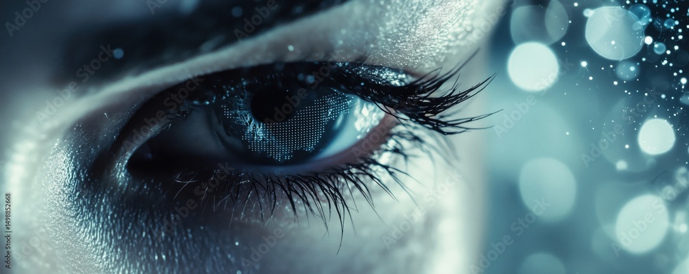 Poster close-up of a human eye with digital patterns and bokeh effects for technology themes