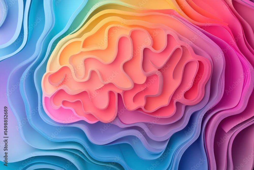 Poster abstract representation of a brain showcasing colorful layers and creative design in a vibrant artis