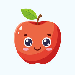 A happy, smiling red apple fruit cartoon character with a green leaf, perfect for healthy food and diet illustrations