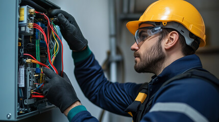 Electrician working on circuit panel wearing hard hat and gloves