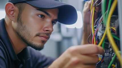 Focused technician repairing wiring in electrical control panel