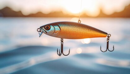 Colorful Fishing Lure Hanging Over Calm Water at Sunset