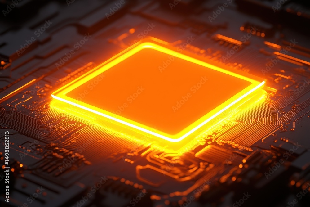 Poster closeup view of an abstract glowing neon circuit board highlighting intricate designs and luminous p