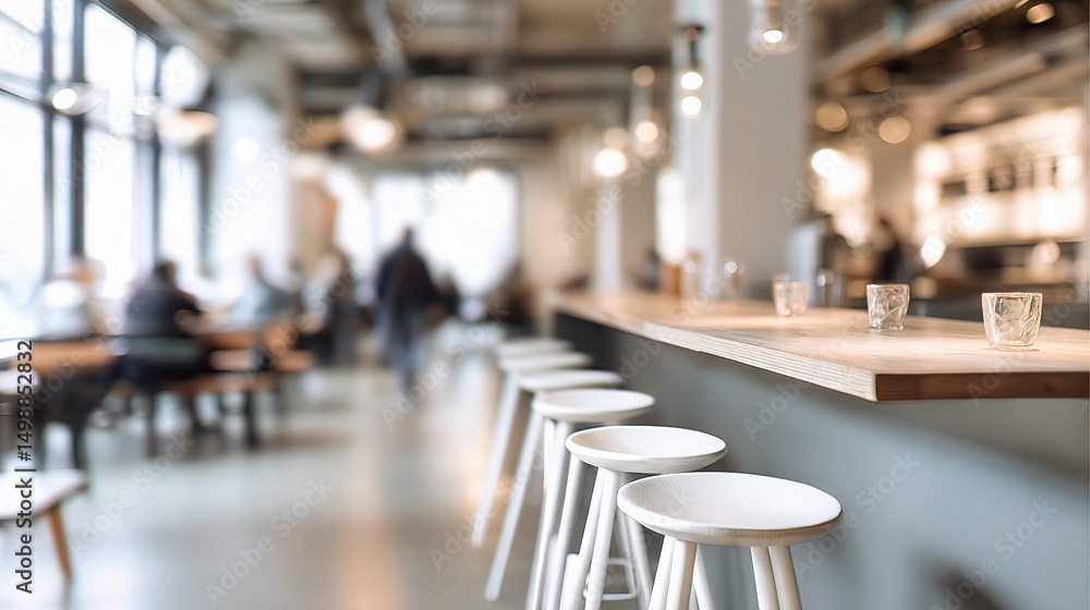 Poster blurred view of modern bar with white stools in open office space