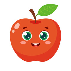 Smiling red apple fruit cartoon character with a happy leaf and a worm
