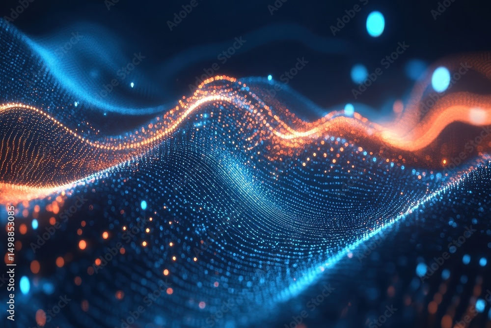 Poster digital abstraction showcasing fluid waves and vibrant patterns in blue and orange tones, creating a