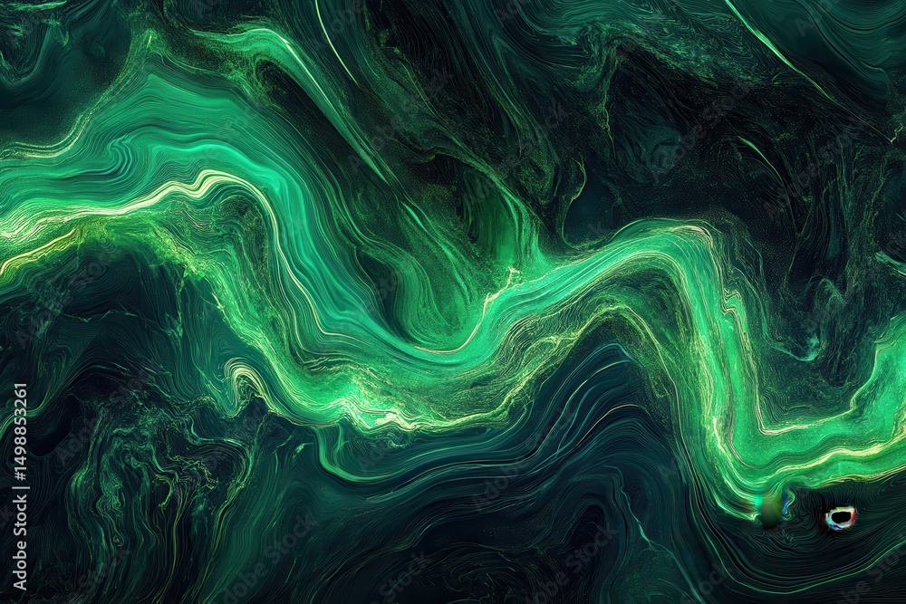 Poster dynamic green motion waves create an abstract energy flow on a dark background, evoking a sense of m