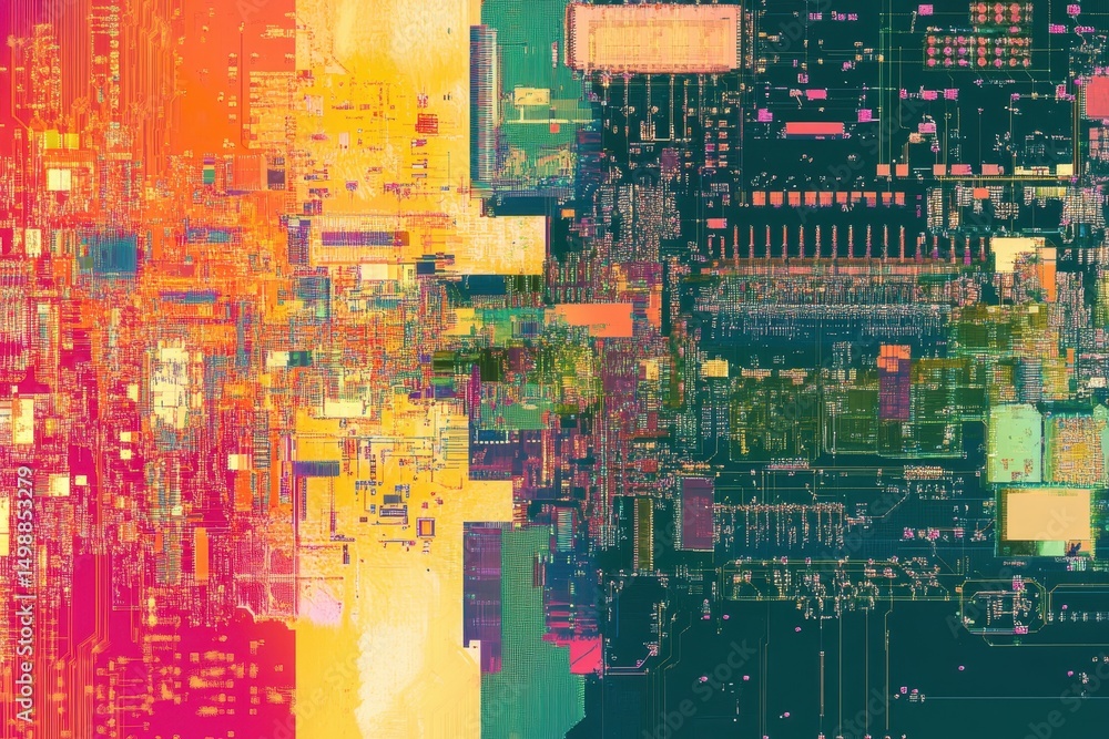 Poster vibrant abstract digital circuit design demonstrating technology through an intricate array of color