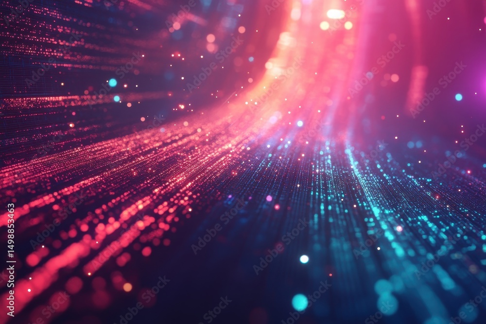 Poster futuristic abstract technology background with animated sparkling particles in vibrant colors