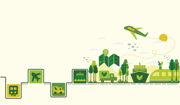 The concept of green logistics and sustainable distribution, supply chain with icons. Economy and clean, greenhouse-free transport in the form of electric, hybrid or hydrogen propulsion. vector design