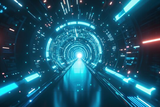 Vibrant abstract depiction of a futuristic tunnel filled with agile cycles of luminous digital light at night