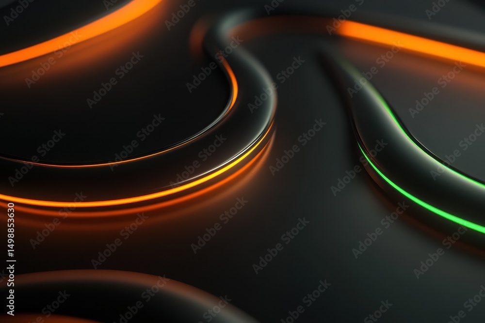 Poster abstract futuristic background with flowing lines and glowing edges in dark tones, creating a sense 