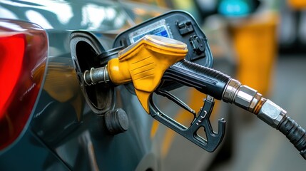 Fueling Up: A close-up shot capturing a gasoline pump filling the gas tank of a car, illustrating the process of refueling and the energy that powers our vehicles.