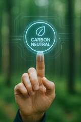 Pointing Finger Pressing Circular Carbon Neutral Symbol on Transparent Futuristic Interface in Forest Environment