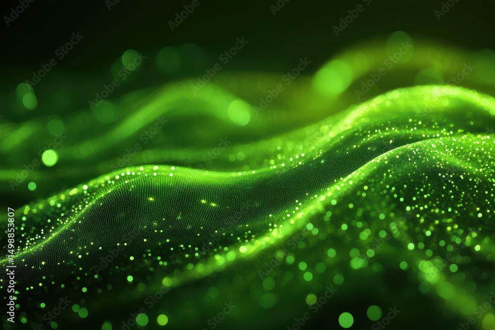 Poster abstract green visualization of business technology showcasing flowing patterns and luminous dots in