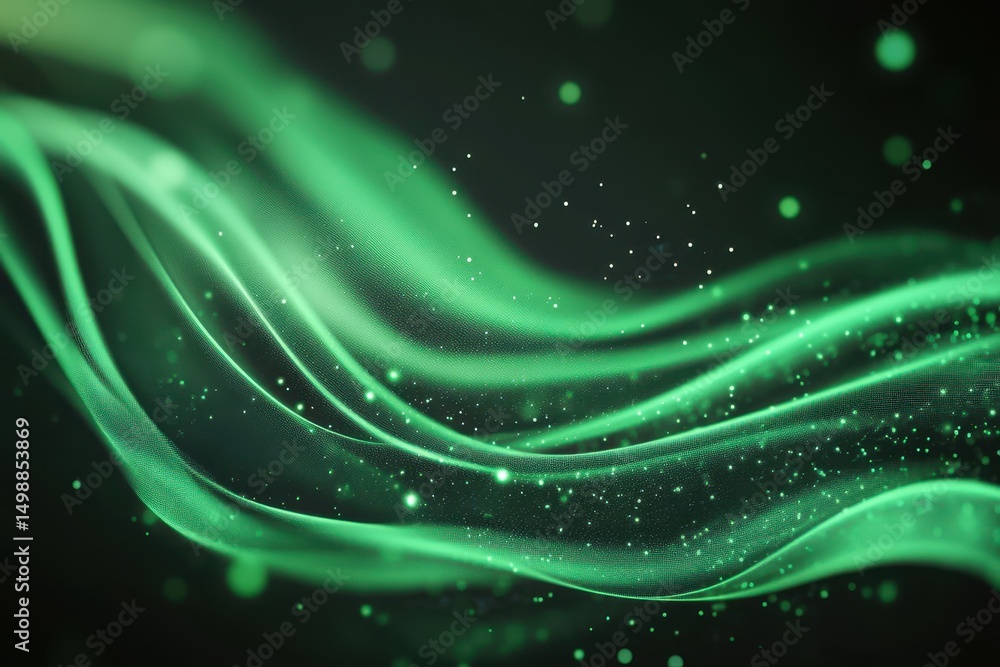 Poster exploring the vibrant patterns of abstract green technology with flowing lines and luminous particle