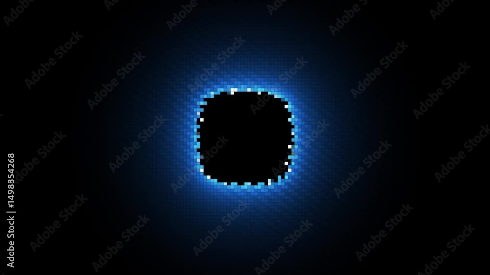 Poster abstract pure blue neon round square frame. seamless 4k loop with flickering pixel animation