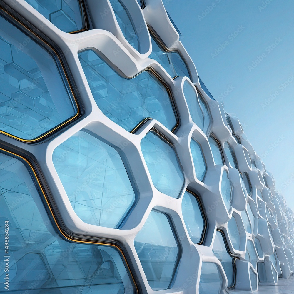 Poster futuristic lab building with unique hexagonal window patterns
