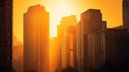 Fototapeta premium Urban Skyline at Golden Hour with Vibrant Sunlight Reflection