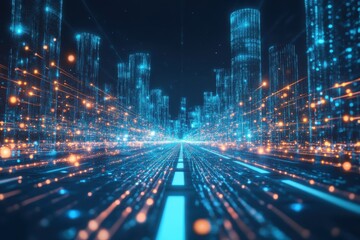Abstract road illuminated by blue light trails representing data flow through a digital cityscape at night