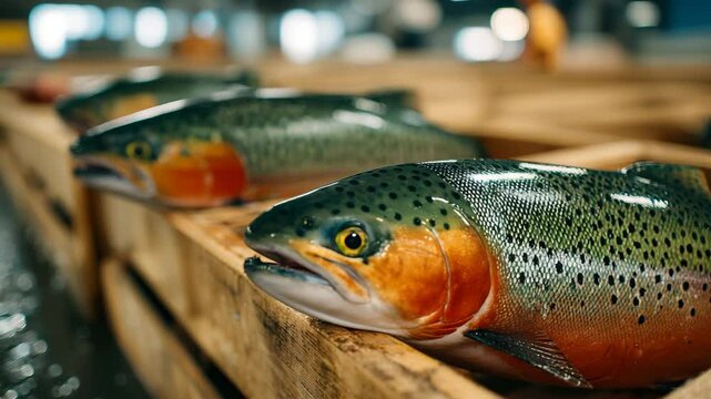 Close-up of eco-labeled seafood at packaging plant, sustainable fish harvest and traceability