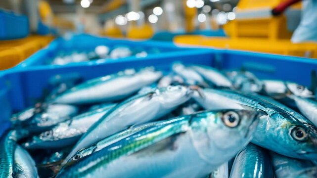 Close-up of eco-labeled seafood at packaging plant, sustainable fish harvest and traceability