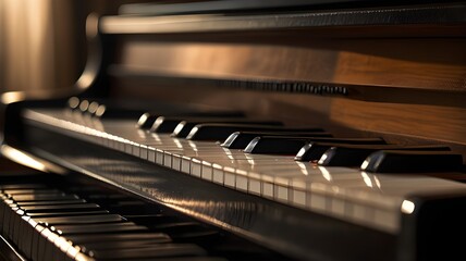 Piano keys in dramatic lighting, no player shown 