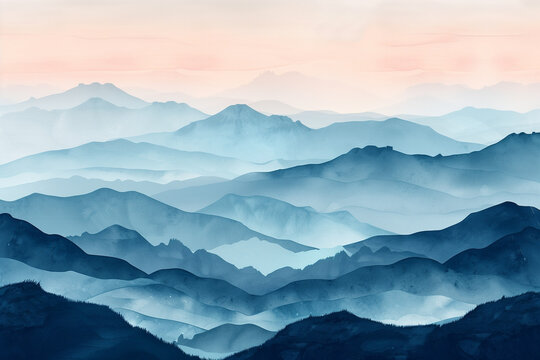 mountains, silhouette, pastel, minimalist, mist, landscape, japanese, gradient, sumi-e, nature