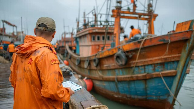 Government official inspecting fishing boat, marine law enforcement and regulation compliance