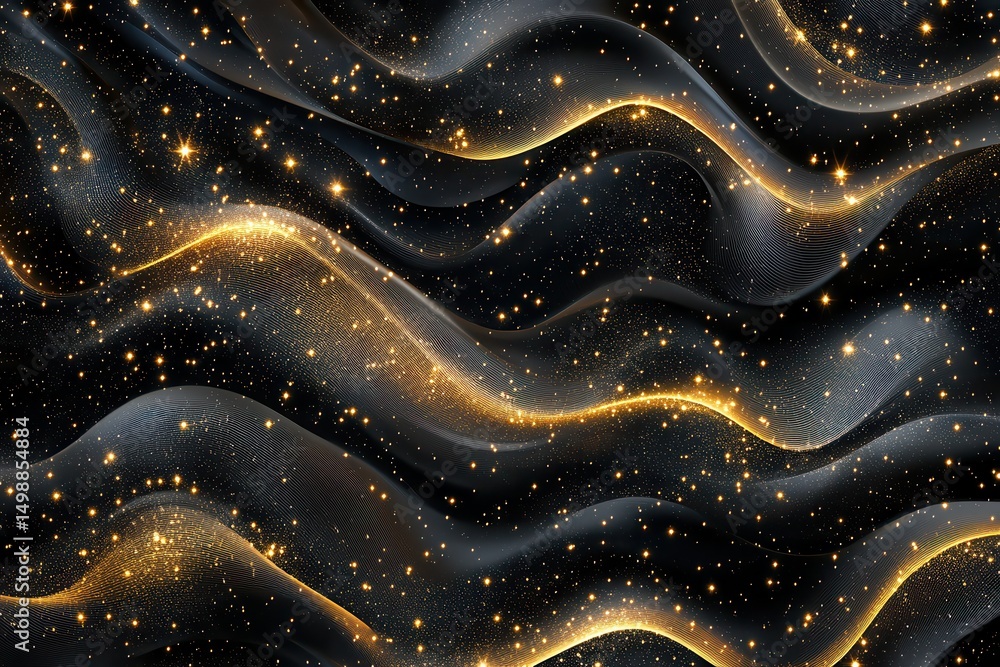Poster dynamic wave pattern with shimmering stars creating a cosmic atmosphere in deep black background, in