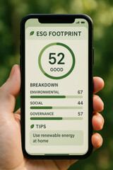 A green ESG tracker app interface is shown on a smartphone held in hand.